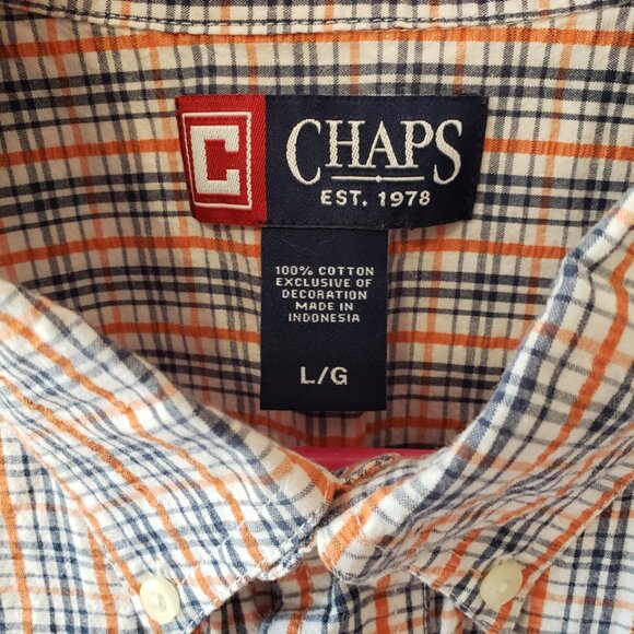 Chaps Shirt Mens L White Blue Plaid Seersucker Button Front Short Sleeve Logo - Picture 4 of 4